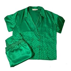 Vtg Victoria’s Secret Pajama Set Women Large Green Satin Gold Label Top Pants